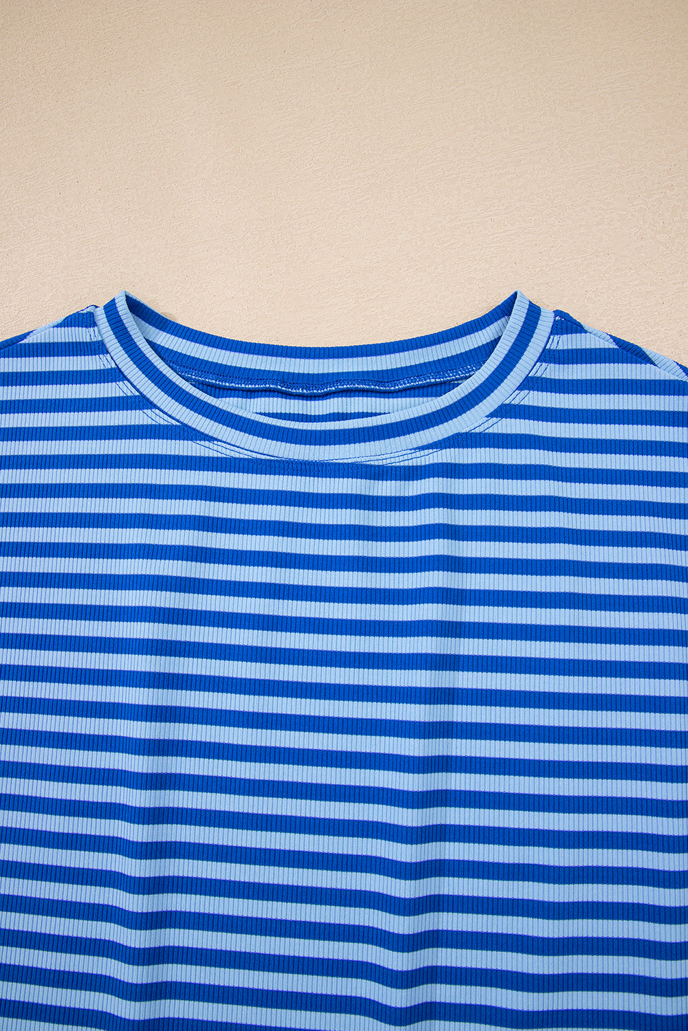 Stripe Ribbed Cap Sleeve Round Neck T-Shirt
