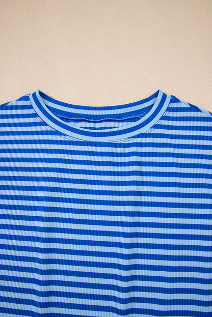 Stripe Ribbed Cap Sleeve Round Neck T-Shirt