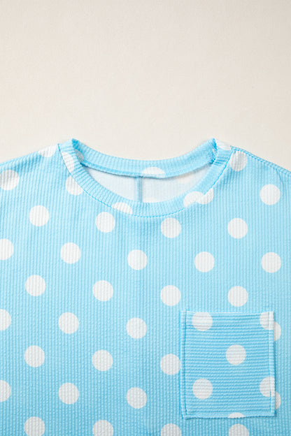 Polka Dot Patch Pocket Drop Shoulder Textured Top