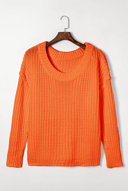 Solid Chunky Knit Ribbed Knit Round Neck Sweater