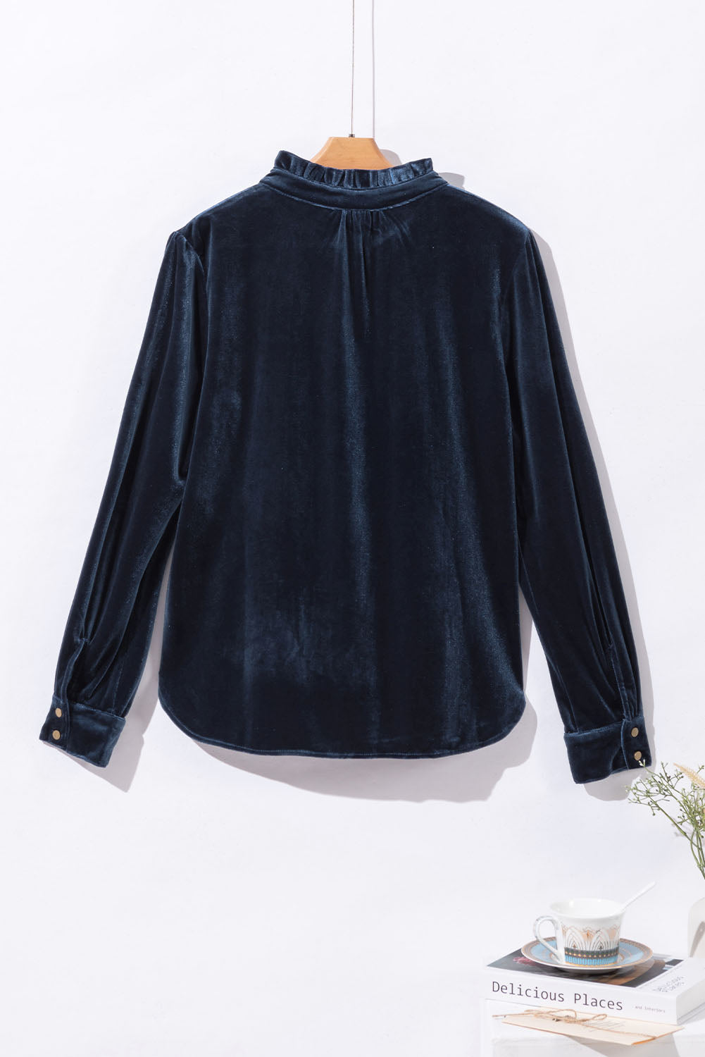 Velvet Frilled Neck Buttoned Top