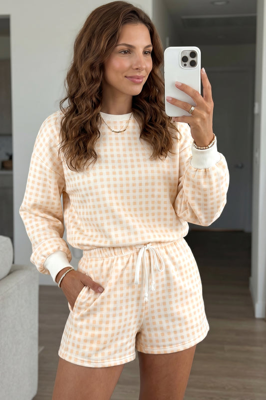 Gingham Plaid Baggy Pullover and Drawstring Shorts Set