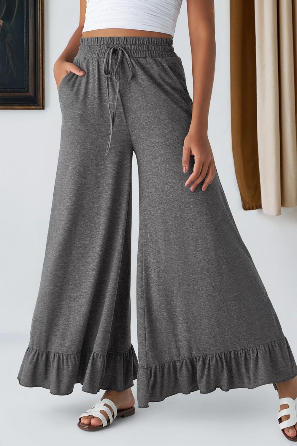 Solid Ruffle Wide Leg High Waist Pants