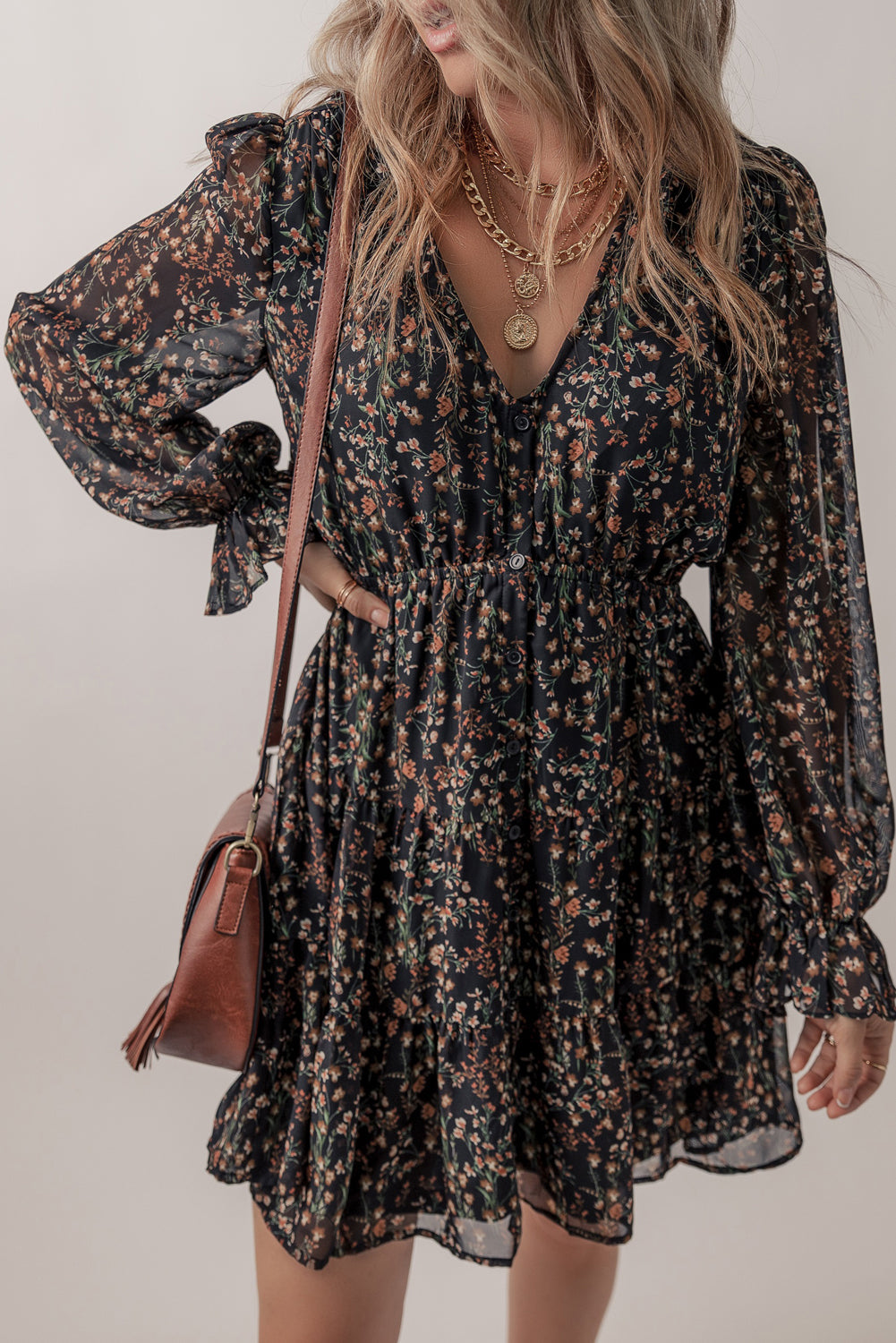 Floral Ruffled Puff Sleeve Dress