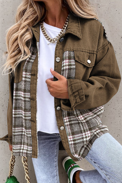 Plaid Patchwork Pockets Denim Jacket