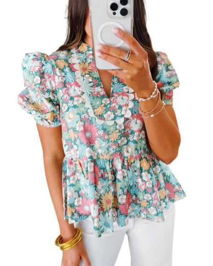 Floral Puff Short Sleeve Blouse