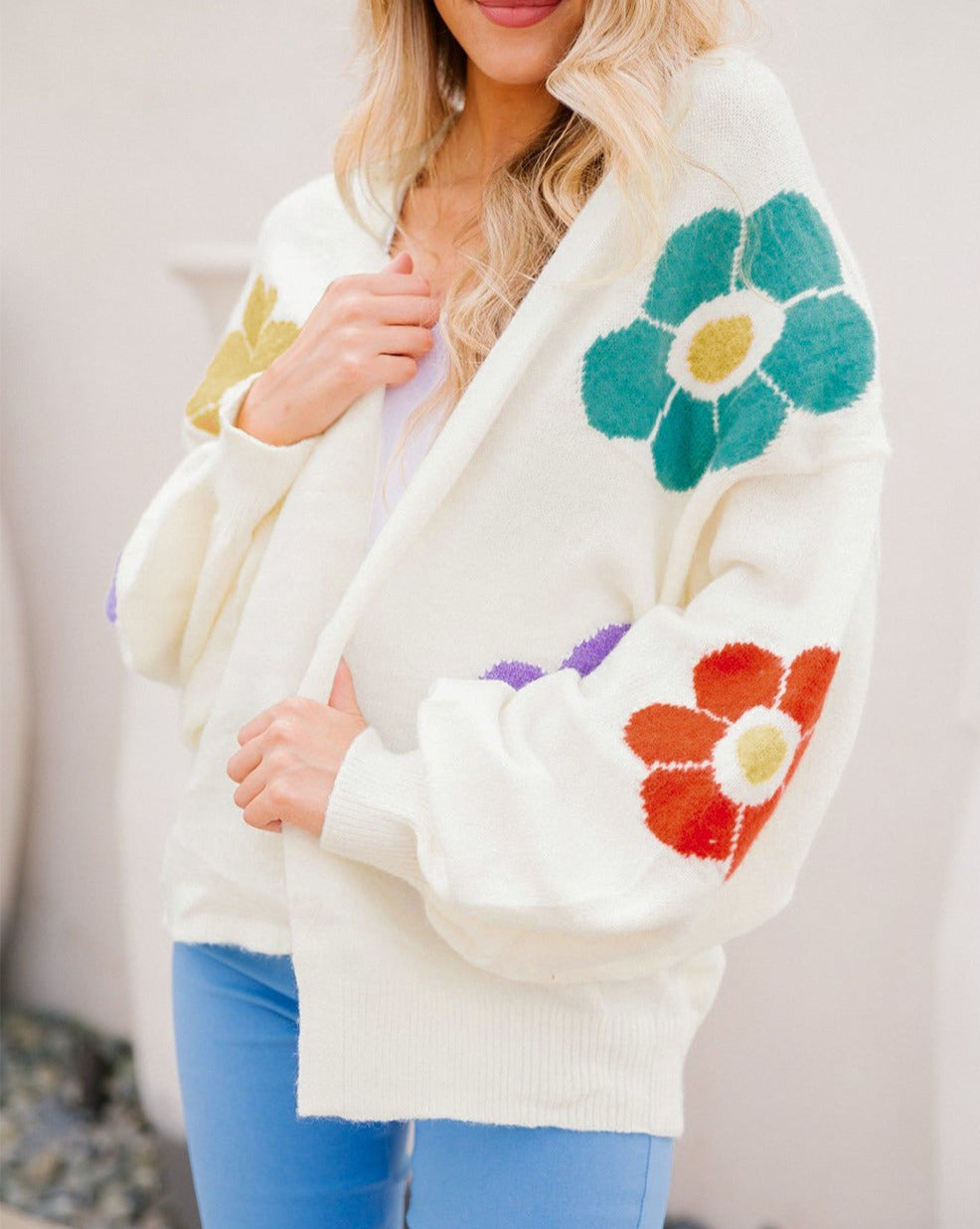 Floral Jacquard Bubble Sleeve Cardigan