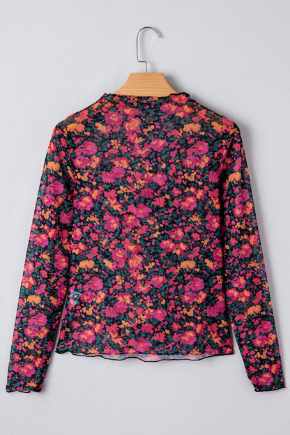 Floral Mesh Long Sleeve Mock Neck Top