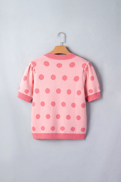 Polka Dot Puff Short Sleeve V-Neck Sweater
