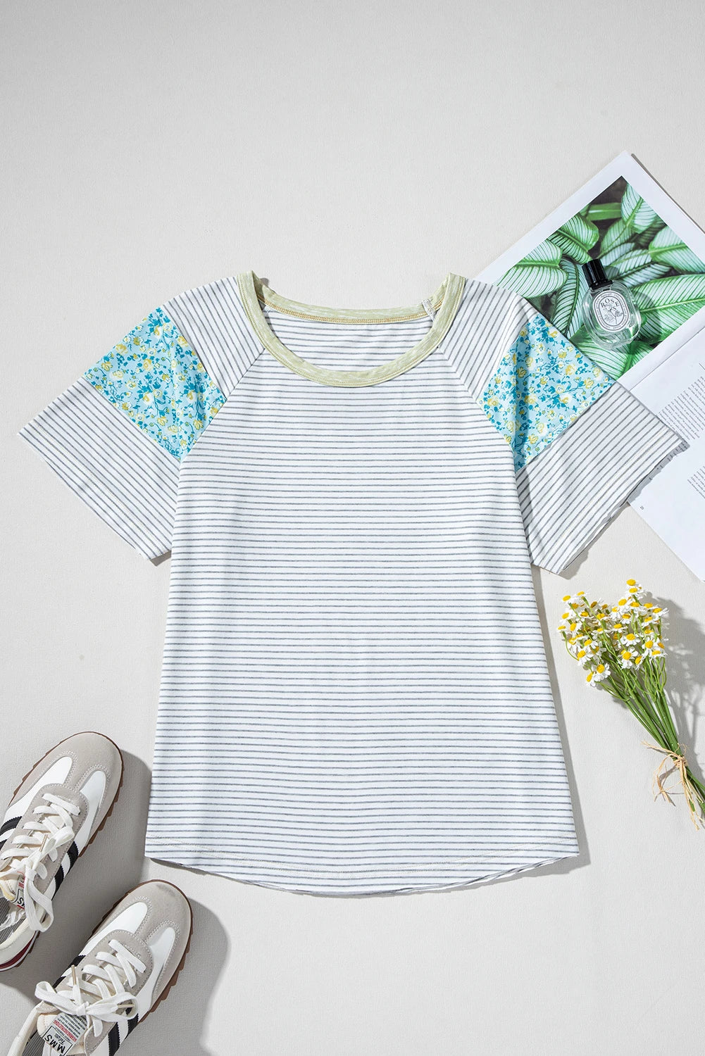 Floral Contrast Stripe Patchwork Raglan Sleeve Tee