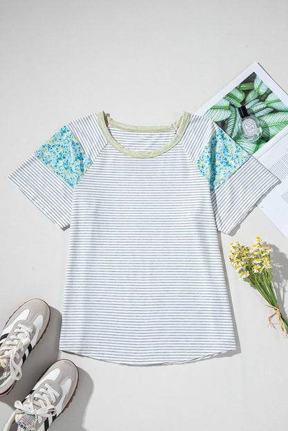 Floral Contrast Stripe Patchwork Raglan Sleeve Tee