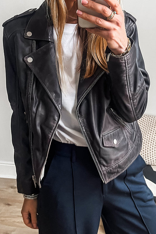 Leather Lapel Collar Zip Up Jacket