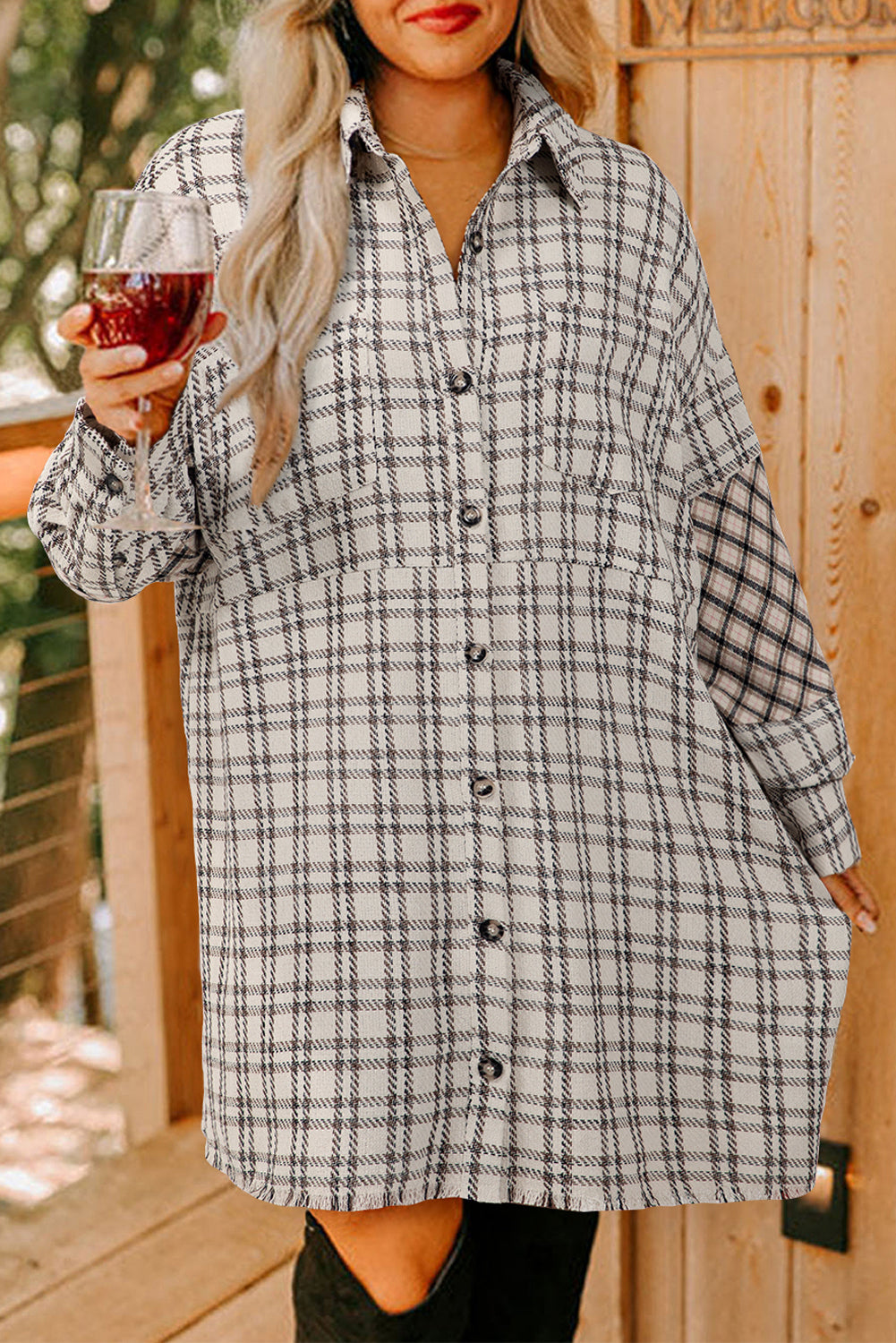 Plus Size Plaid Long Sleeve Shirt Dress