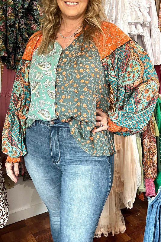 Plus Size Floral Patchwork V-Neck Blouse