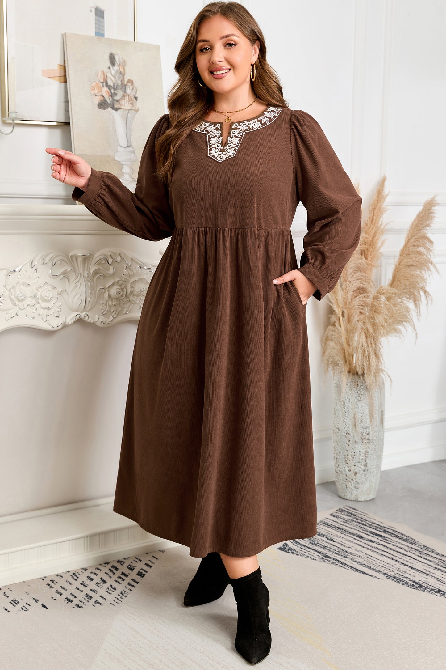 Plus Size Textured Corduroy Embroidered Neckline Midi Dress
