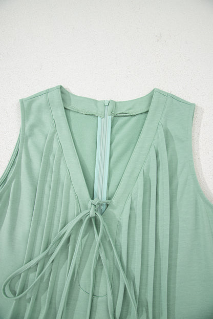 Solid Tie V-Neck Pintuck Sleeveless Romper