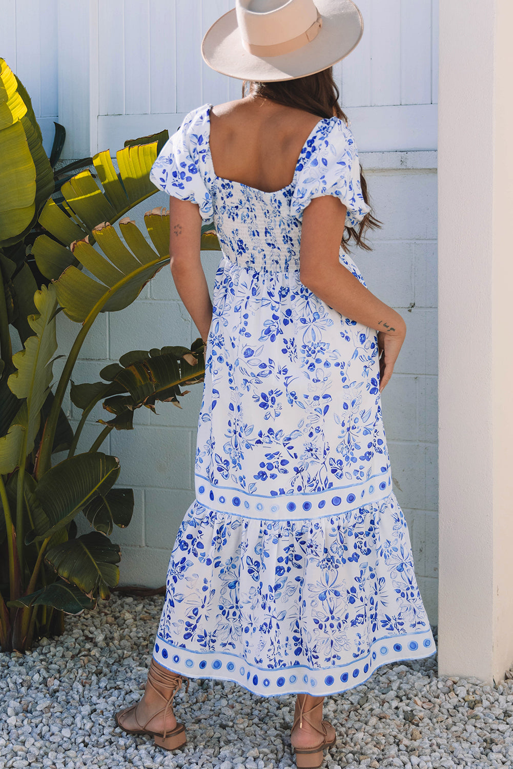 Floral Square Neck Bubble Sleeve Maxi Dress