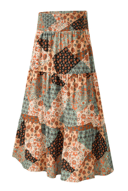 Boho Floral Patchwork Smocked Waist Maxi Skirt