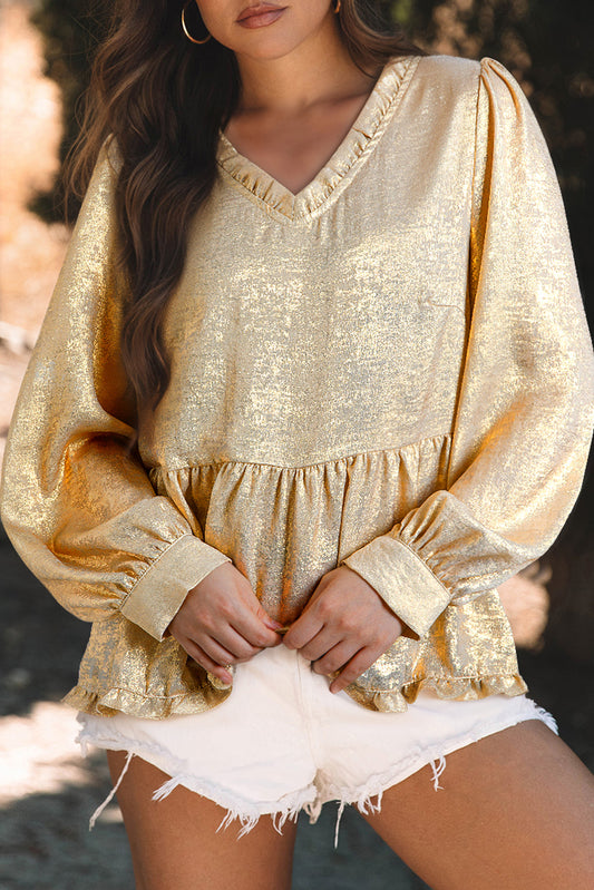 Metallic V-Neck Puff Sleeve Blouse