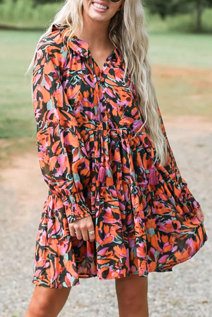 Abstract Floral Tassel Tie Dress