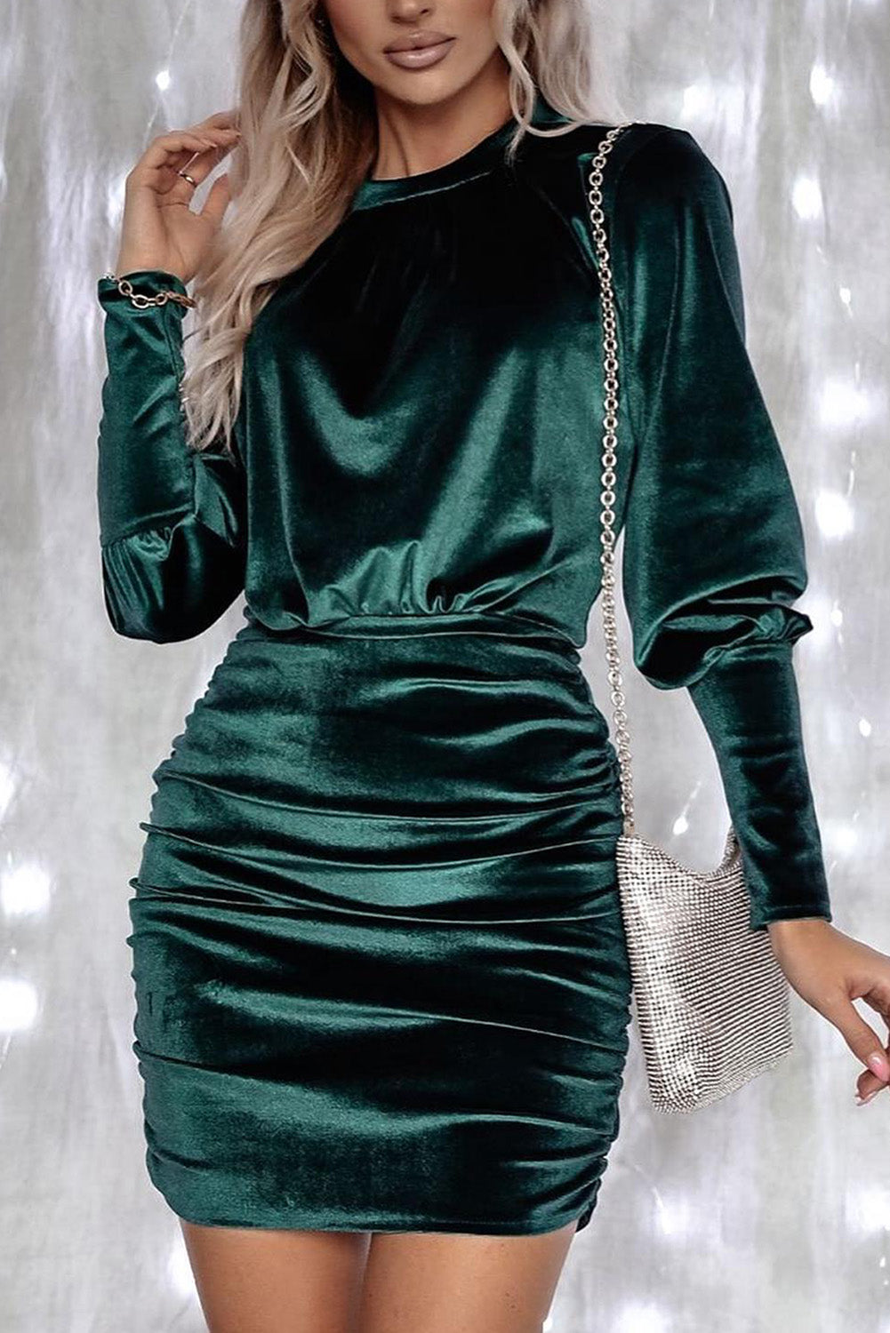 Velvet Ruched Puff Sleeve Dress