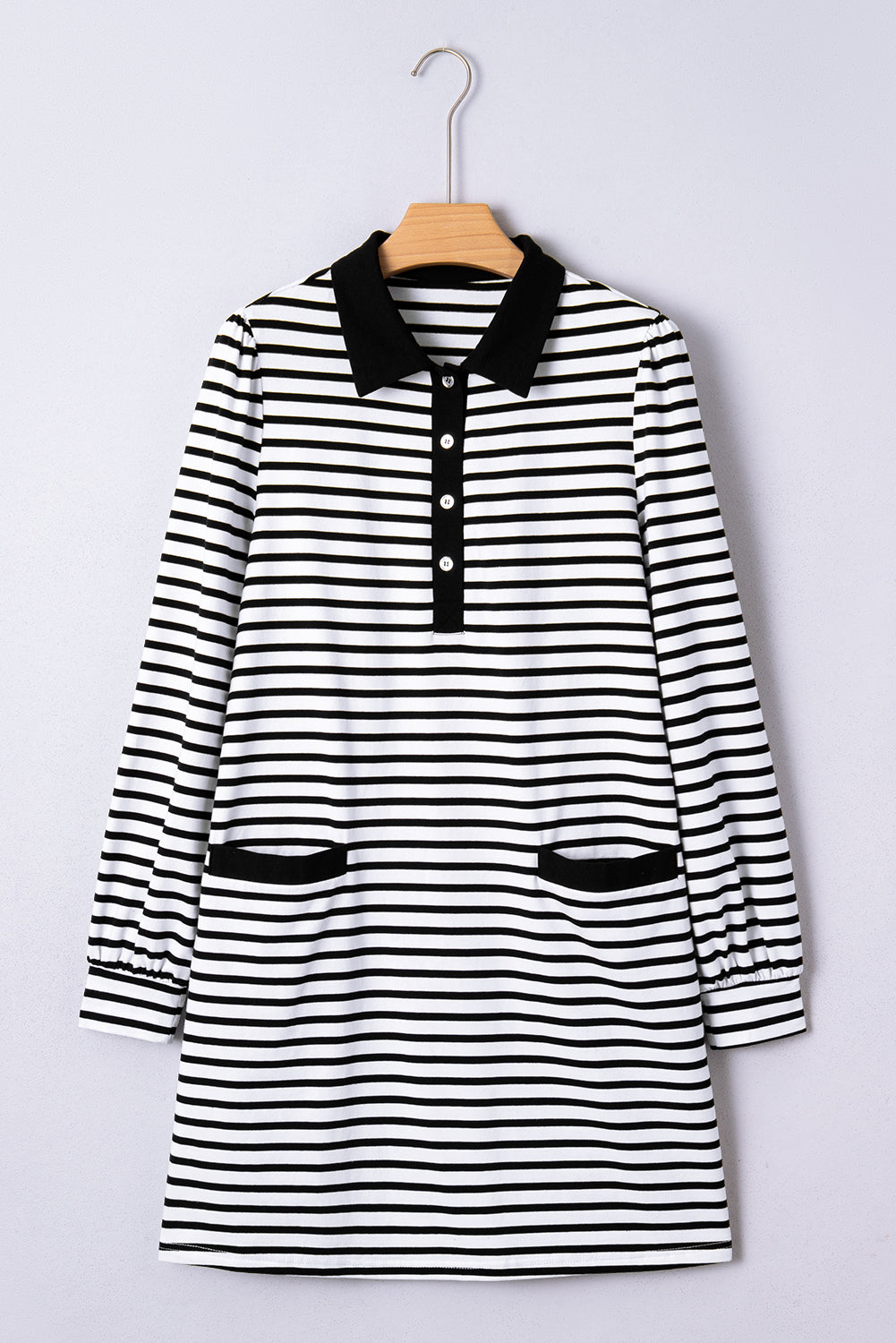 Stripe Collared Pocketed Long Sleeve T-Shirt Dress