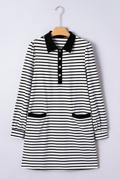 Stripe Collared Pocketed Long Sleeve T-Shirt Dress