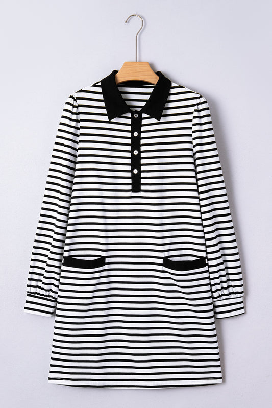 Stripe Collared Pocketed Long Sleeve T-Shirt Dress
