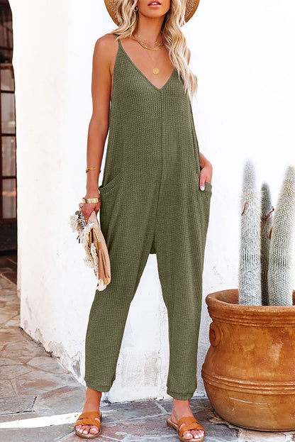 Waffle Sleeveless V-Neck Pocketed Jumpsuit