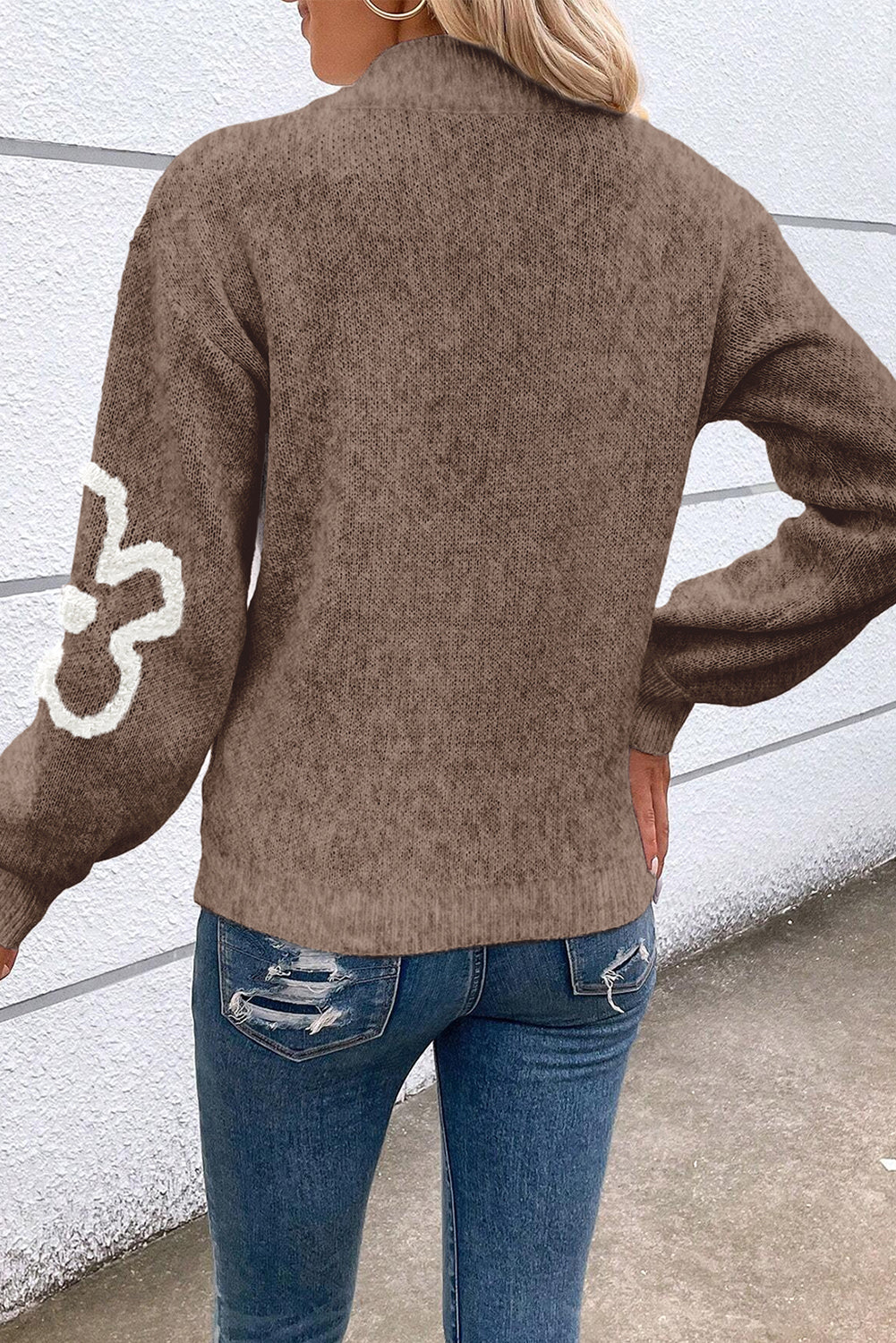 Floral Contrast Half Zip Sweater