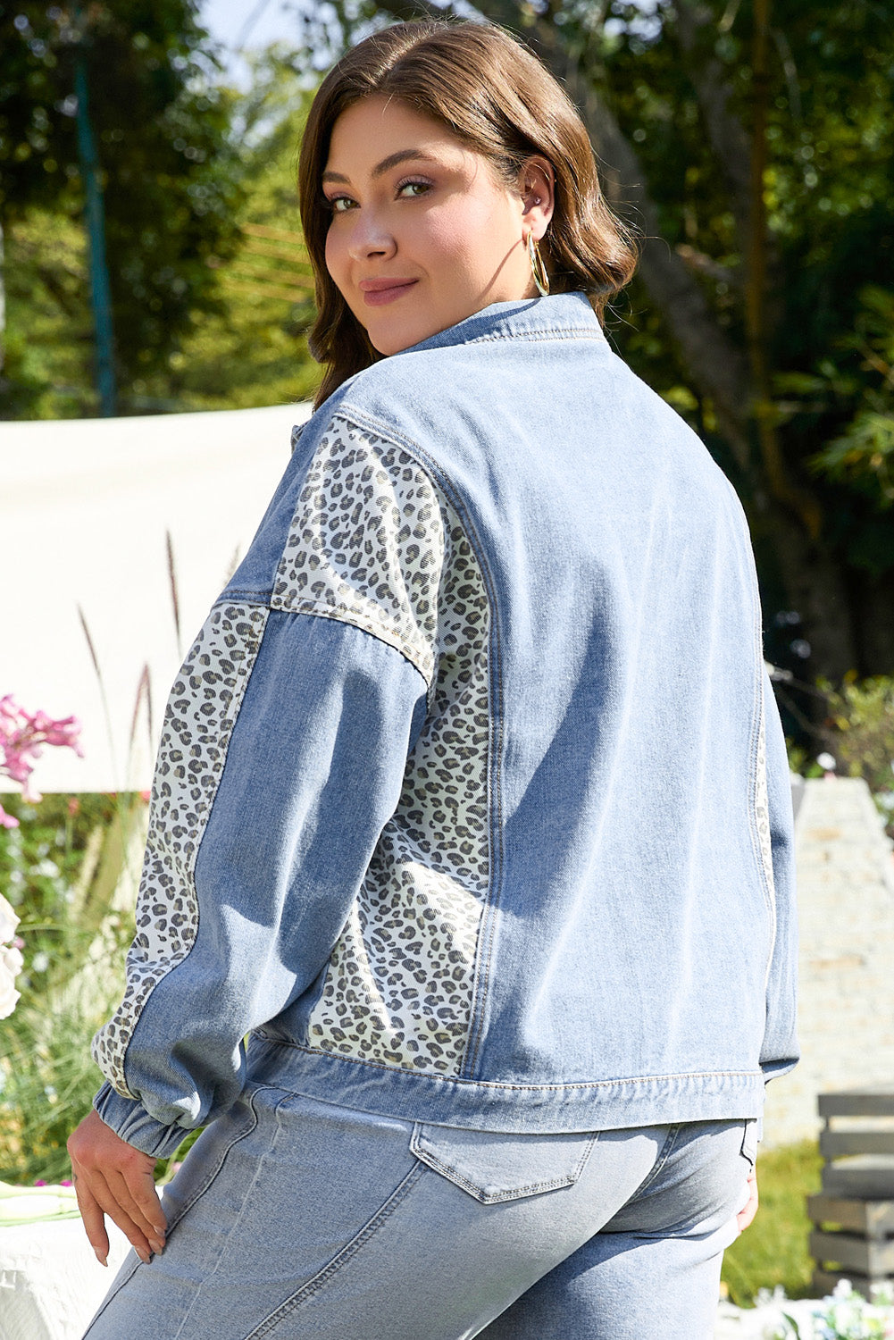Plus Size Leopard Patchwork Denim Jacket