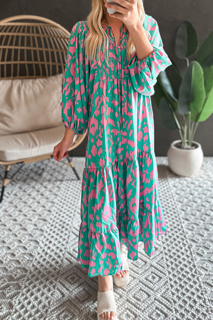 Abstract Puff Sleeve Maxi Dress