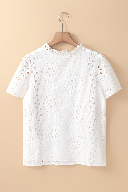 Geometric Embroidered Eyelet V-Neck Blouse