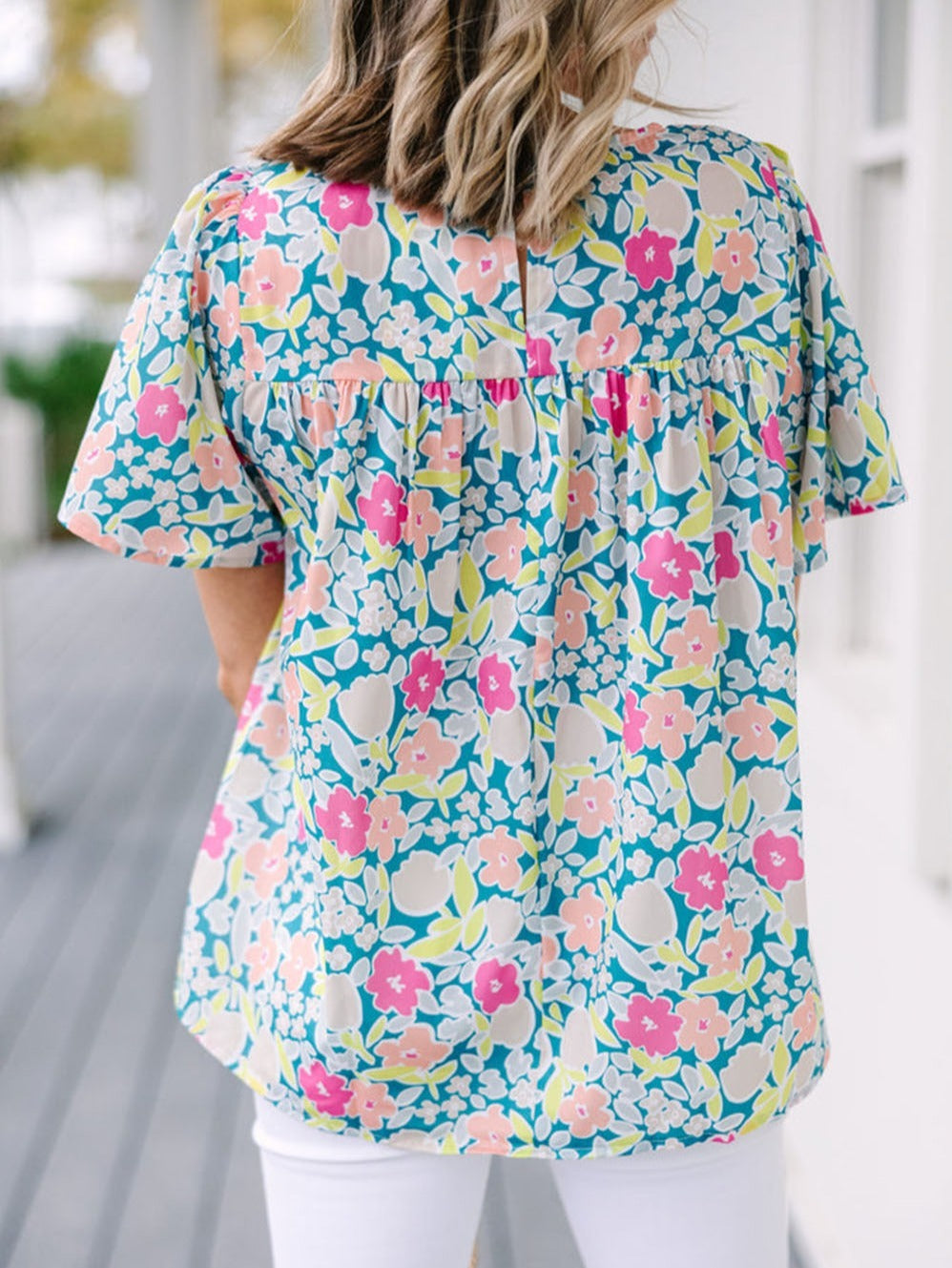 Sky Blue Floral Shirring Top