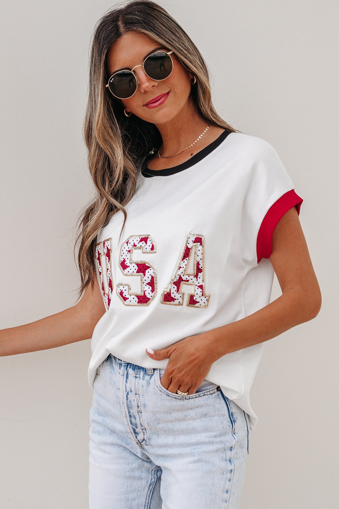 Sequin Star USA Patch Colorblock Trim T-Shirt