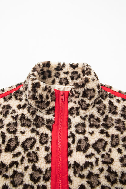 Leopard Fleece Contrast Trim Half Zip Sweatshirt