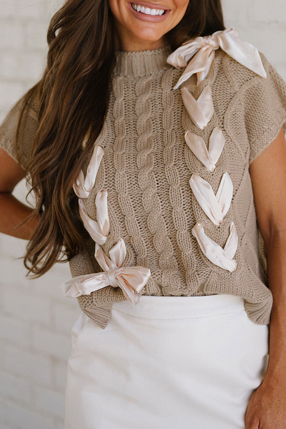 Cable Knit Satin Bow Sweater