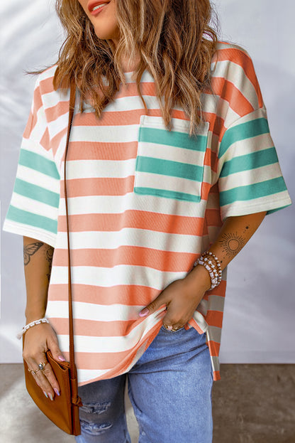 Stripe Contrast Drop Sleeve T-Shirt