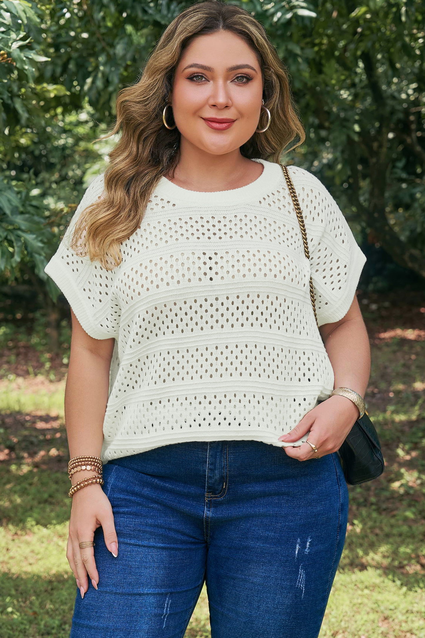 Plus Size Eyelet Hollow Out Dolman Knit Sweater