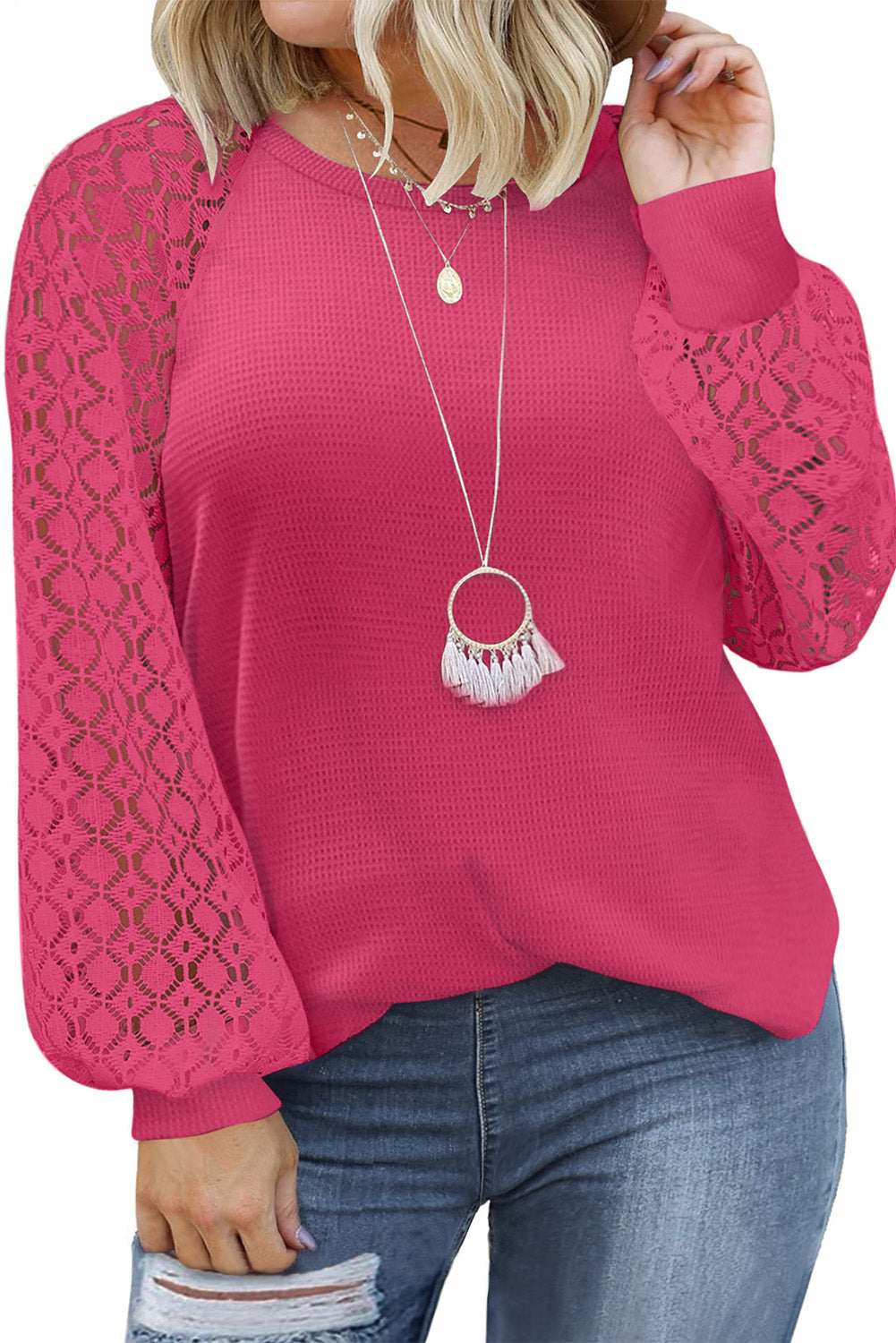 Waffle Lace Long Sleeve Top Plus Size