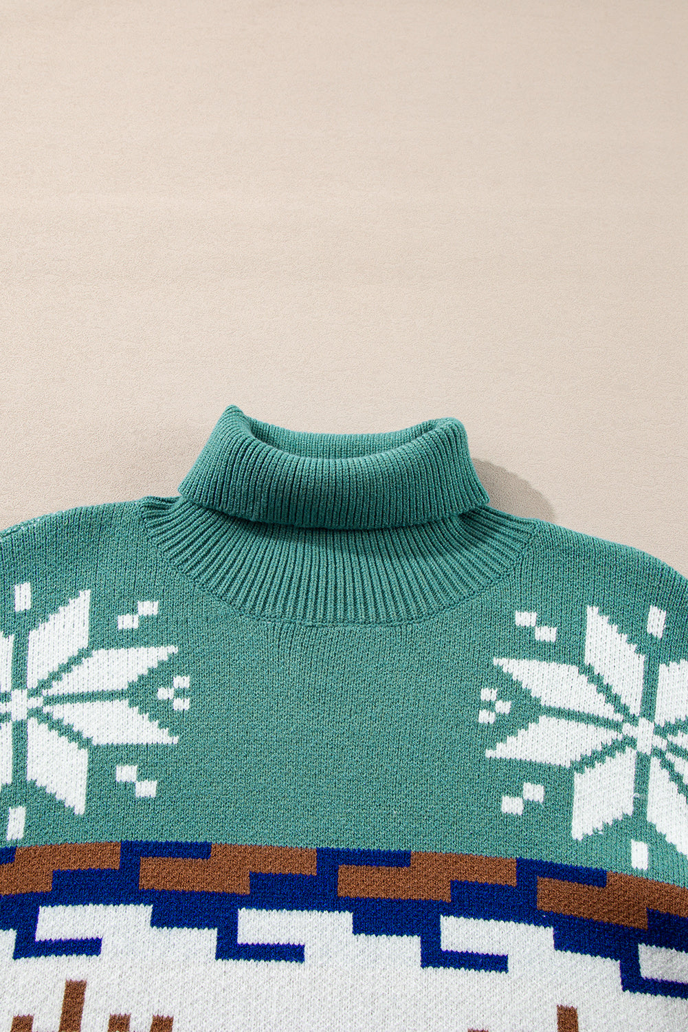 Christmas Reindeer Snowflake Colorblock Turtleneck Sweater