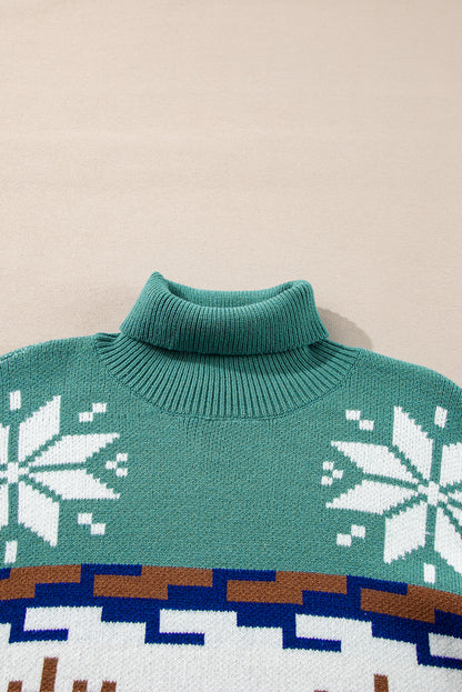 Christmas Reindeer Snowflake Colorblock Turtleneck Sweater