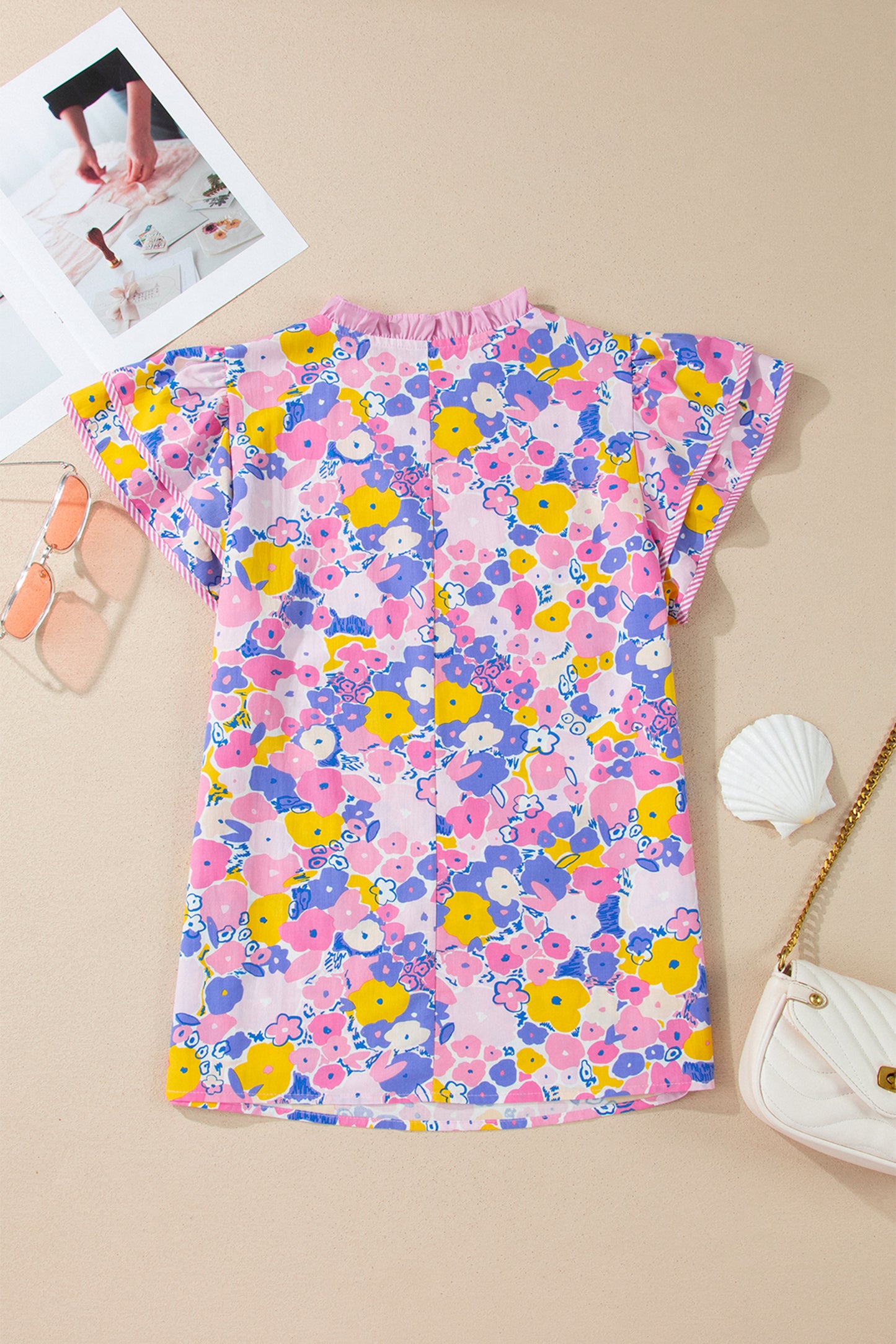Floral Stripe Colorblock Flutter Sleeve Blouse