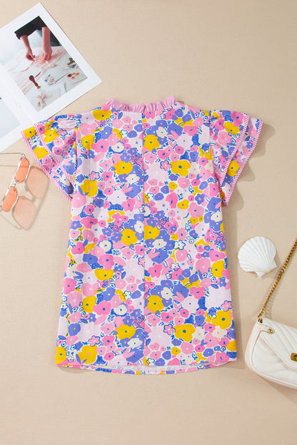 Floral Stripe Colorblock Flutter Sleeve Blouse