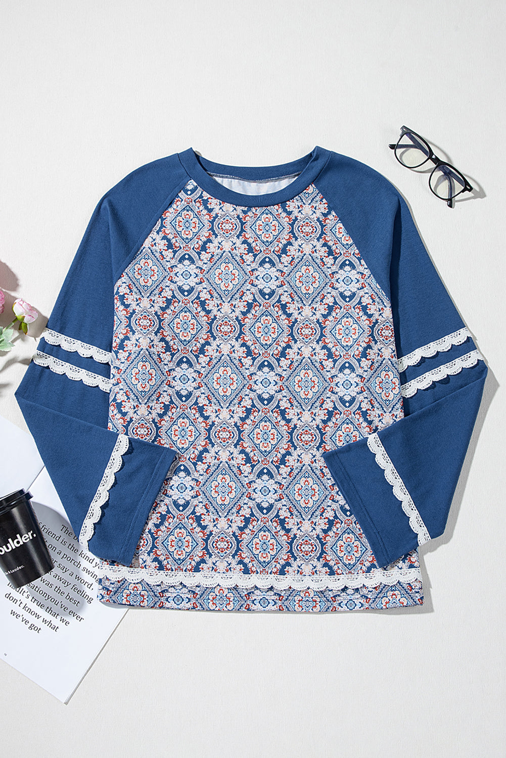 Geometric Lace Raglan Sleeve Top