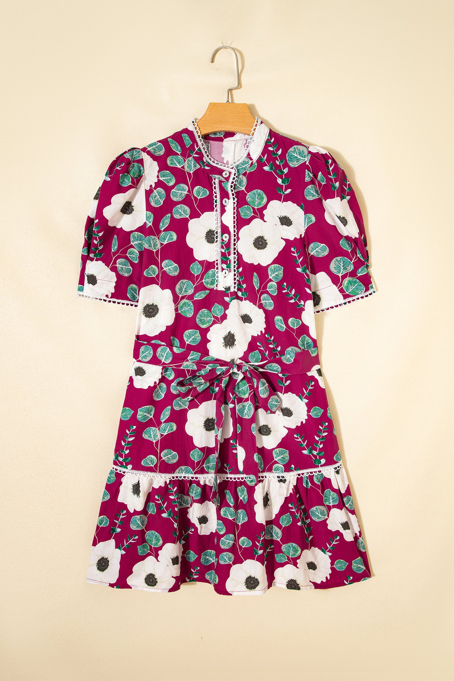 Floral Short Puff Sleeve Belted Mini Dress