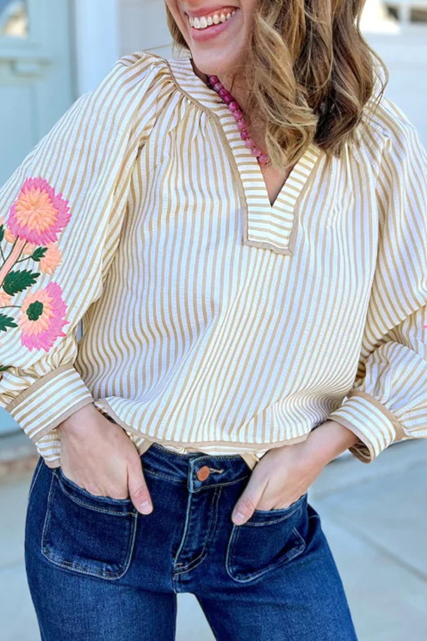 Floral Embroidered Stripe V-Neck Long Sleeve Blouse