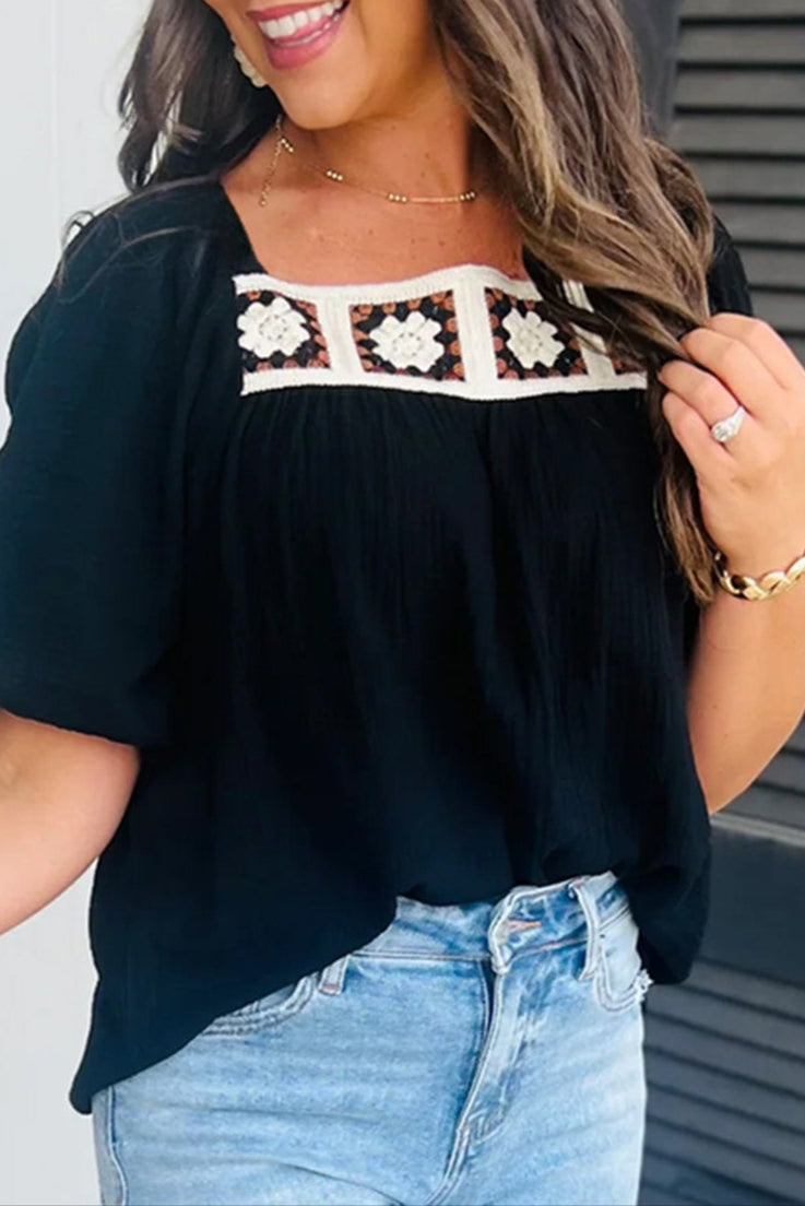 Floral Crochet Short Sleeve Blouse