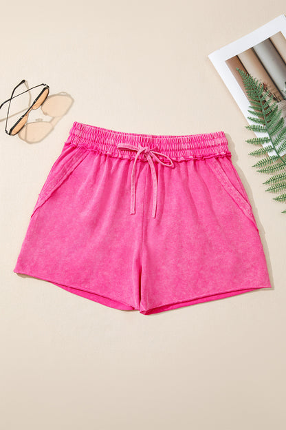 Mineral Wash Drawstring Elastic Waist Raw Edge Shorts