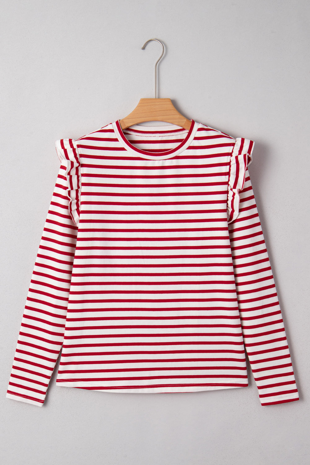 Stripe Round Neck Ruffle Trim Long Sleeve Top